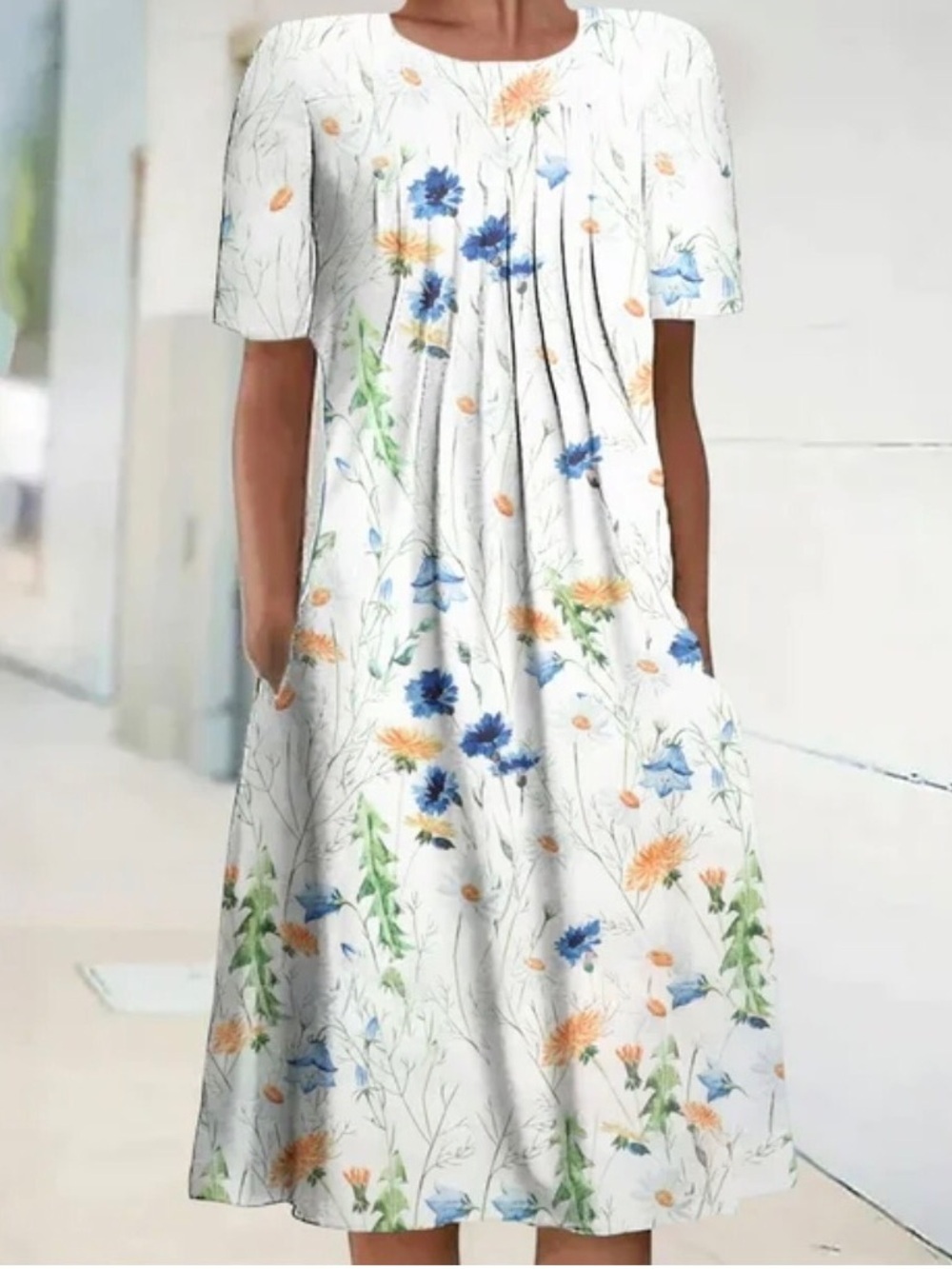 Women’s Floral Midi Dress White with Blue & Orange Print 2 Pockets Size-M NIB